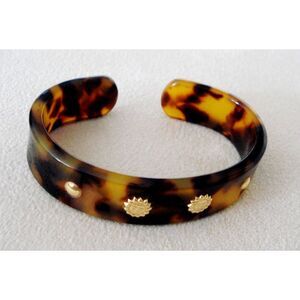 Vintage Faux Tortoise Shell Bracelet Cuff Gold Encrusted Details